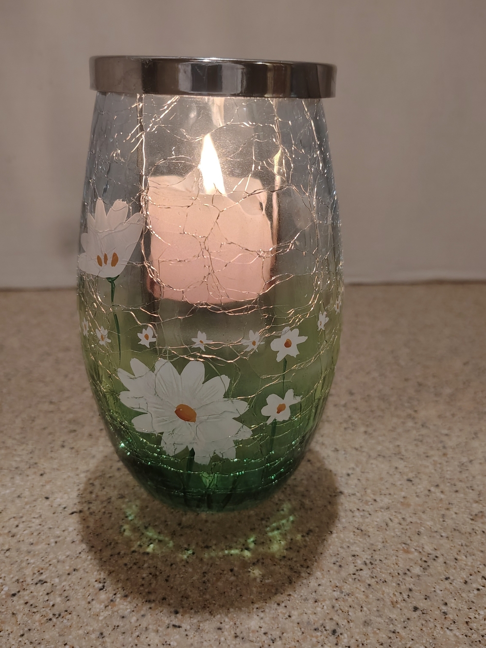 Yankee Candle Green Crackle Glass Floral Candle Holder with Silver Rim